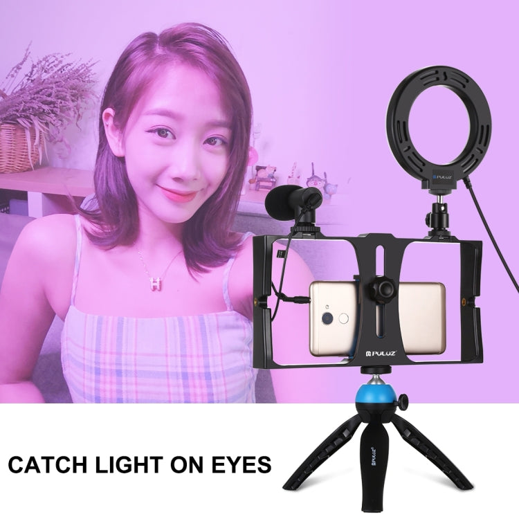 PULUZ 4 en 1 Vlogging Transmisión en vivo Equipo de video para teléfono inteligente + Anillo RGBW de 4,7 pulgadas y 12 cm Luz LED para selfies + Micrófono + Kits de montaje para trípode de bolsillo con cabezal de trípode con zapata fría, 4-in-1        ...