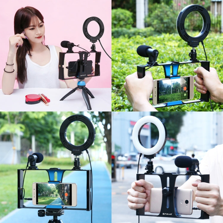 PULUZ 4 en 1 Vlogging Transmisión en vivo Equipo de video para teléfono inteligente + Anillo RGBW de 4,7 pulgadas y 12 cm Luz LED para selfies + Micrófono + Kits de montaje para trípode de bolsillo con cabezal de trípode con zapata fría, 4-in-1        ...