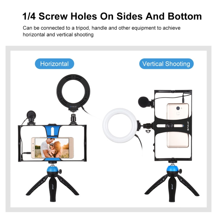 PULUZ 4 en 1 Vlogging Transmisión en vivo Equipo de video para teléfono inteligente + Anillo RGBW de 4,7 pulgadas y 12 cm Luz LED para selfies + Micrófono + Kits de montaje para trípode de bolsillo con cabezal de trípode con zapata fría, 4-in-1        ...