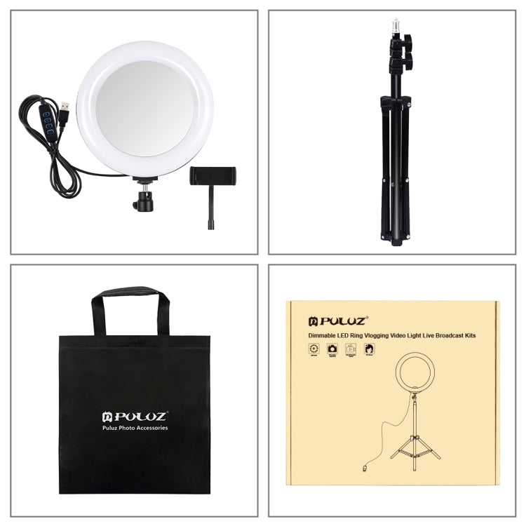 PULUZ 7,9 pulgadas 20 cm Luz de espejo + 1,1 m Montaje en trípode USB 3 modos Regulable Temperatura de color dual LED Anillo de luz curva Vlogging Selfie Fotografía Luces de video con espejo y abrazadera para teléfono, 7.9 inch Mirror Light + 1.1m Mount