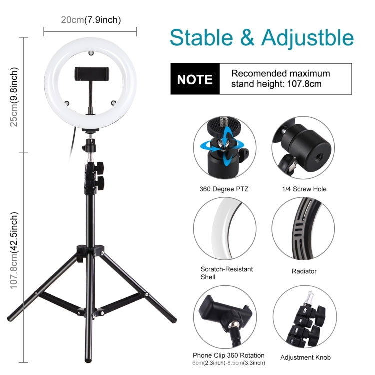 PULUZ 7,9 pulgadas 20 cm Luz de espejo + 1,1 m Montaje en trípode USB 3 modos Regulable Temperatura de color dual LED Anillo de luz curva Vlogging Selfie Fotografía Luces de video con espejo y abrazadera para teléfono, 7.9 inch Mirror Light + 1.1m Mount