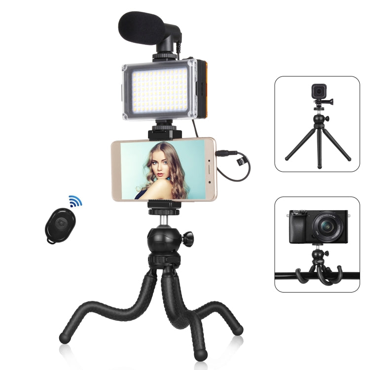 PULUZ 4 en 1 Vlogging Live Mini Octopus Bracket Kit + Luz de estudio + Micrófono + Kits de abrazadera para teléfono, 4 in 1 Tripod