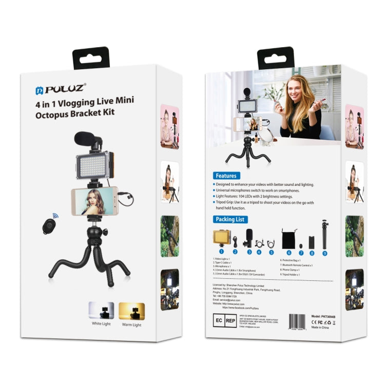 PULUZ 4 en 1 Vlogging Live Mini Octopus Bracket Kit + Luz de estudio + Micrófono + Kits de abrazadera para teléfono, 4 in 1 Tripod