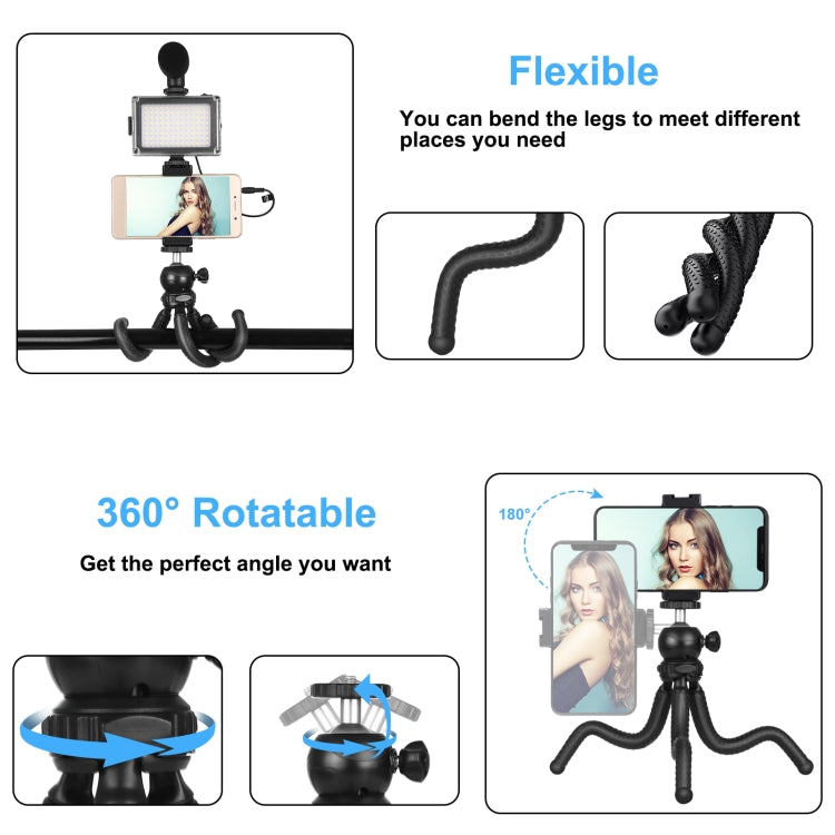 PULUZ 4 en 1 Vlogging Live Mini Octopus Bracket Kit + Luz de estudio + Micrófono + Kits de abrazadera para teléfono, 4 in 1 Tripod