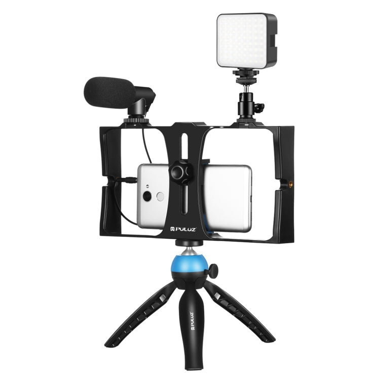 PULUZ 4 en 1 Vlogging Transmisión en vivo Luz de relleno LED para selfies Kits de equipo de video para teléfono inteligente con micrófono + soporte para trípode + cabezal de trípode con zapata fría para iPhone, Galaxy, Huawei, Xiaomi, HTC, LG, Google y...