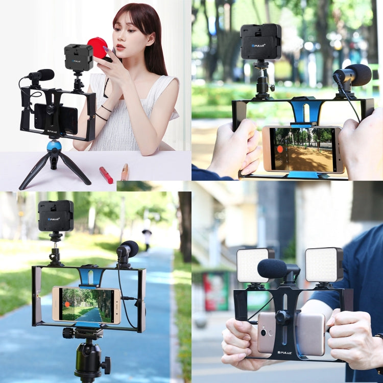 PULUZ 4 en 1 Vlogging Transmisión en vivo Luz de relleno LED para selfies Kits de equipo de video para teléfono inteligente con micrófono + soporte para trípode + cabezal de trípode con zapata fría para iPhone, Galaxy, Huawei, Xiaomi, HTC, LG, Google y...
