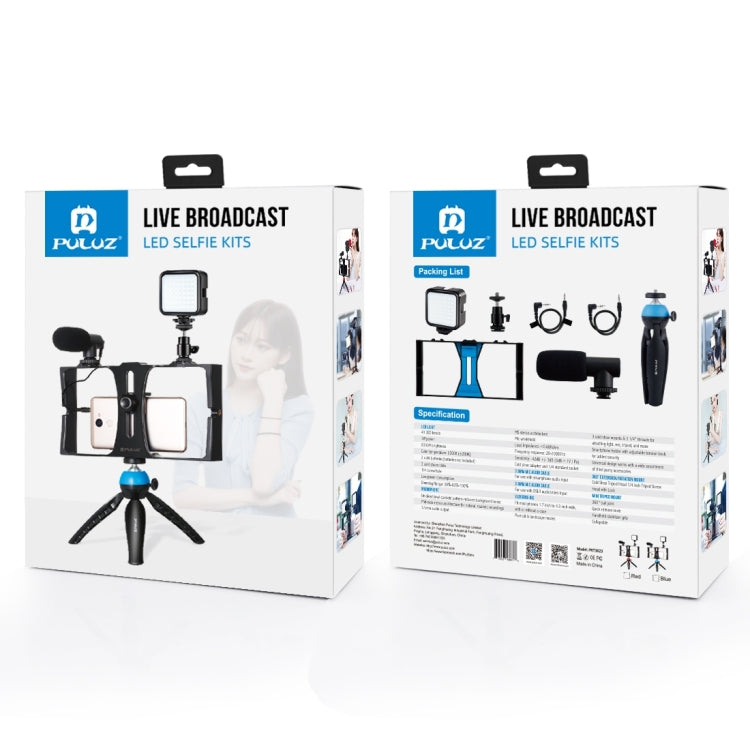 PULUZ 4 en 1 Vlogging Transmisión en vivo Luz de relleno LED para selfies Kits de equipo de video para teléfono inteligente con micrófono + soporte para trípode + cabezal de trípode con zapata fría para iPhone, Galaxy, Huawei, Xiaomi, HTC, LG, Google y...