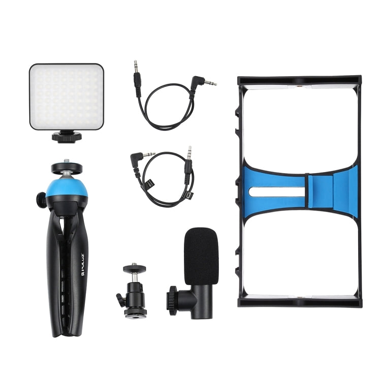 PULUZ 4 en 1 Vlogging Transmisión en vivo Luz de relleno LED para selfies Kits de equipo de video para teléfono inteligente con micrófono + soporte para trípode + cabezal de trípode con zapata fría para iPhone, Galaxy, Huawei, Xiaomi, HTC, LG, Google y...