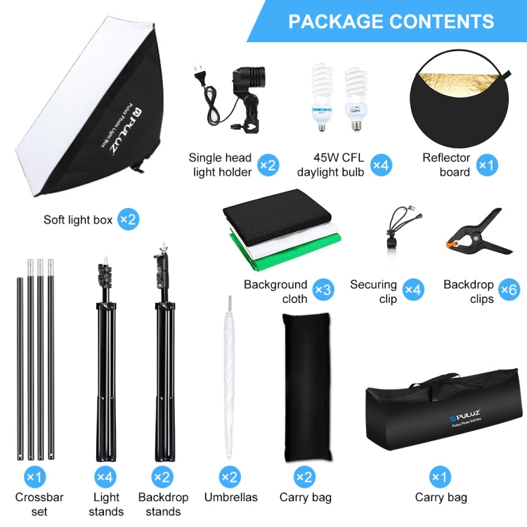 Kit de fotografía PULUZ LED Light Studio Softbox con fondo, reflectante, soporte para trípode y bolsas de arena, Photography Light  Kit, EU Plug, Photography Light  Kit, US Plug