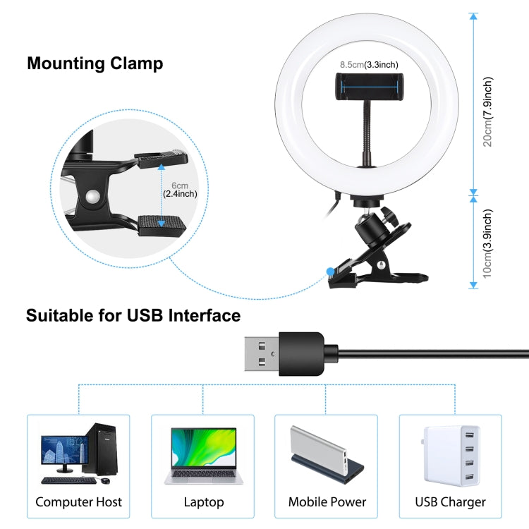 PULUZ Anillo de luz para selfies de 7,9 pulgadas y 20 cm + clip para monitor, 3 modos USB regulable, temperatura de color dual, LED curvo, Vlogging, fotografía, video, kits de luces con abrazadera para teléfono, 7.9 inch+Clip