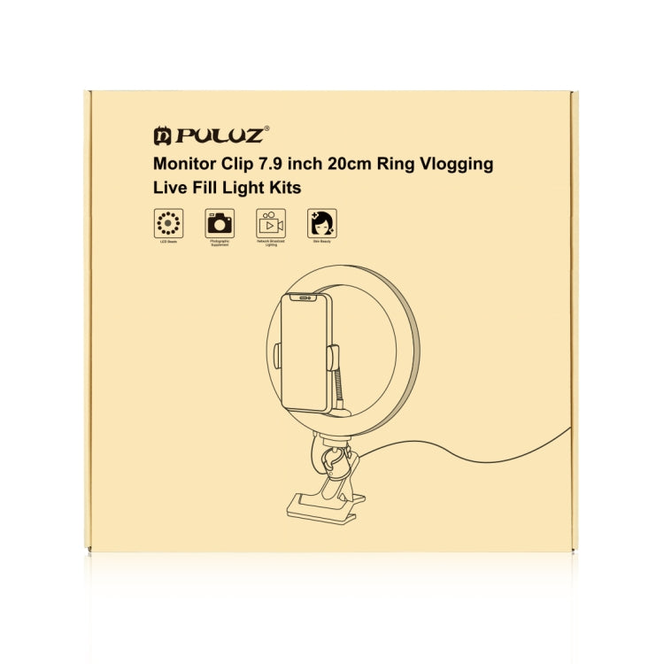 PULUZ Anillo de luz para selfies de 7,9 pulgadas y 20 cm + clip para monitor, 3 modos USB regulable, temperatura de color dual, LED curvo, Vlogging, fotografía, video, kits de luces con abrazadera para teléfono, 7.9 inch+Clip