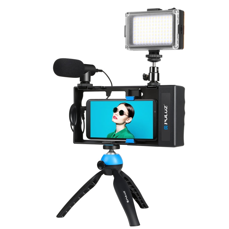 PULUZ 4 en 1 Bluetooth Handheld Vlogging Transmisión en vivo LED Selfie Light Smartphone Video Rig Kits con micrófono + soporte para trípode + cabezal de trípode con zapata fría para iPhone, Galaxy, Huawei, Xiaomi, HTC, LG, Google y otros teléfonos int...