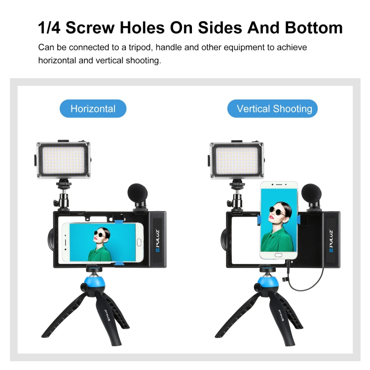 PULUZ 4 en 1 Bluetooth Handheld Vlogging Transmisión en vivo LED Selfie Light Smartphone Video Rig Kits con micrófono + soporte para trípode + cabezal de trípode con zapata fría para iPhone, Galaxy, Huawei, Xiaomi, HTC, LG, Google y otros teléfonos int...