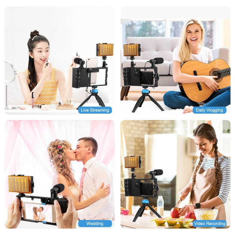 PULUZ 4 en 1 Bluetooth Handheld Vlogging Transmisión en vivo LED Selfie Light Smartphone Video Rig Kits con micrófono + soporte para trípode + cabezal de trípode con zapata fría para iPhone, Galaxy, Huawei, Xiaomi, HTC, LG, Google y otros teléfonos int...