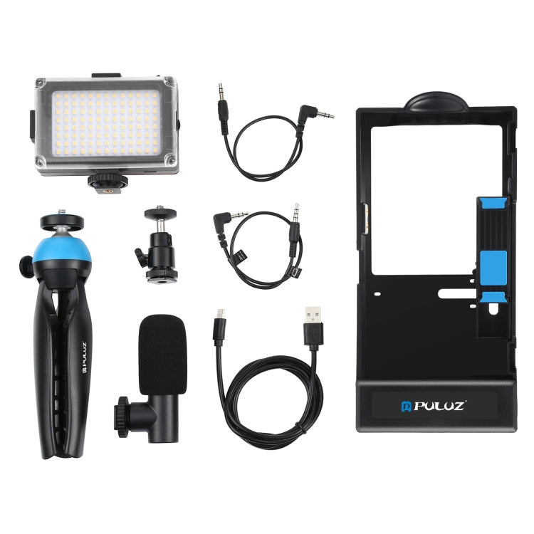 PULUZ 4 en 1 Bluetooth Handheld Vlogging Transmisión en vivo LED Selfie Light Smartphone Video Rig Kits con micrófono + soporte para trípode + cabezal de trípode con zapata fría para iPhone, Galaxy, Huawei, Xiaomi, HTC, LG, Google y otros teléfonos int...
