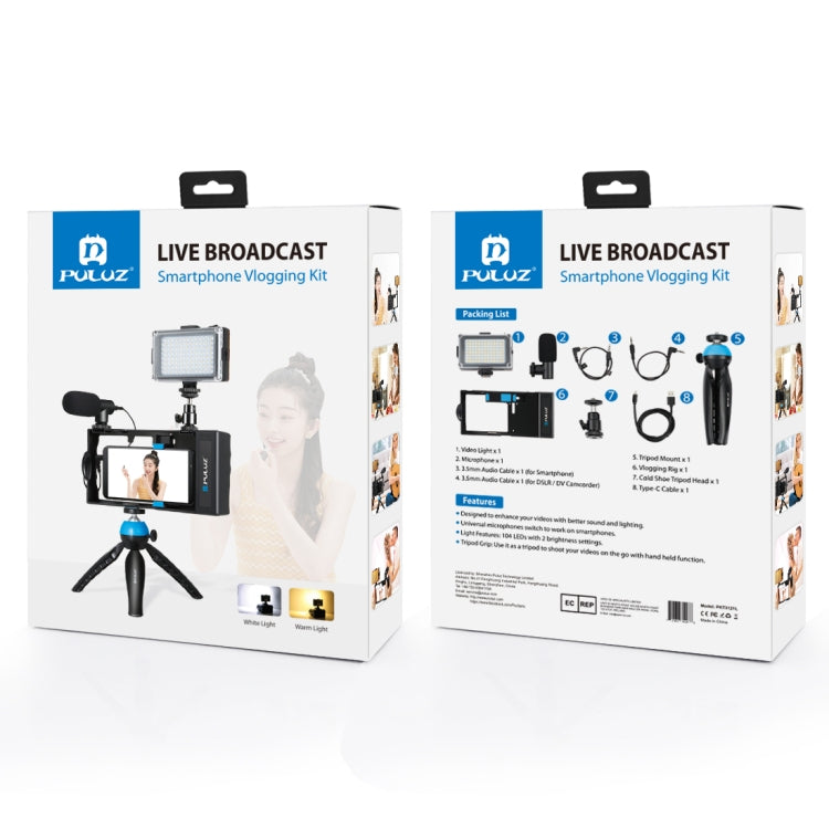 PULUZ 4 en 1 Bluetooth Handheld Vlogging Transmisión en vivo LED Selfie Light Smartphone Video Rig Kits con micrófono + soporte para trípode + cabezal de trípode con zapata fría para iPhone, Galaxy, Huawei, Xiaomi, HTC, LG, Google y otros teléfonos int...