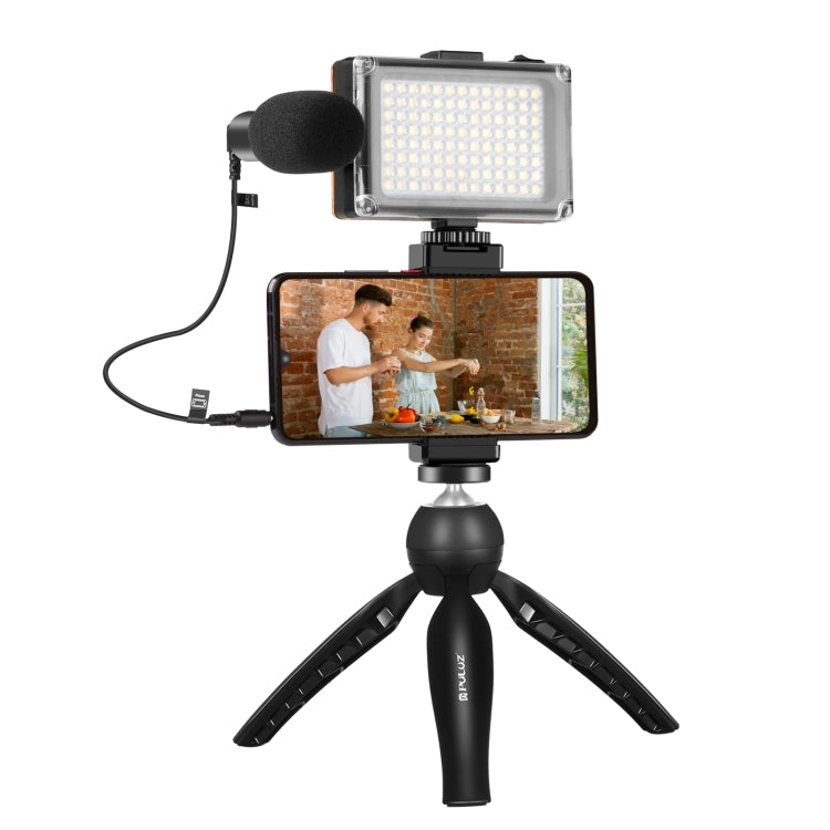 PULUZ-Kits de luz de vídeo para teléfono inteligente, transmisión en vivo, Vlogger, con micrófono, luz LED, soporte para trípode y abrazadera para teléfono, Mic + LED + Tripod + lamp