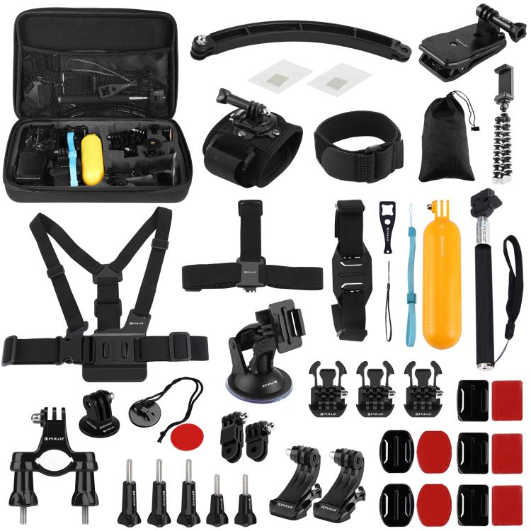 Kits combinados de accesorios PULUZ 50 en 1 con estuche de EVA (correa para el pecho + soporte con ventosa + brazos pivotantes de 3 vías + hebilla con gancho en J + correa para la muñeca + correa para el casco + monopie extensible + soportes de superfi...