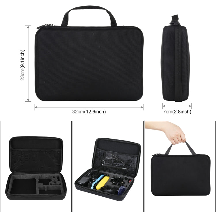 Kits combinados de accesorios PULUZ 50 en 1 con estuche de EVA (correa para el pecho + soporte con ventosa + brazos pivotantes de 3 vías + hebilla con gancho en J + correa para la muñeca + correa para el casco + monopie extensible + soportes de superfi...