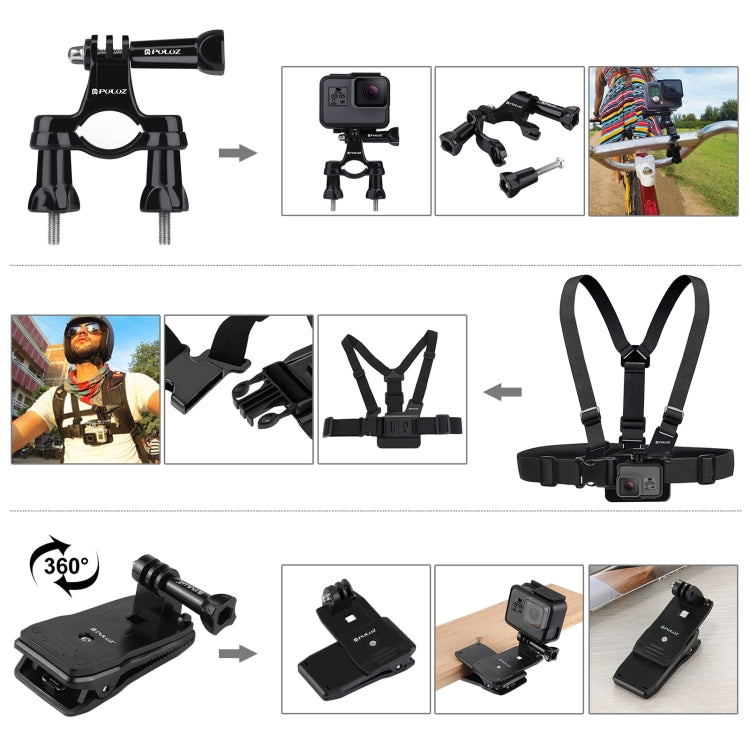 Kits combinados de accesorios PULUZ 50 en 1 con estuche de EVA (correa para el pecho + soporte con ventosa + brazos pivotantes de 3 vías + hebilla con gancho en J + correa para la muñeca + correa para el casco + monopie extensible + soportes de superfi...