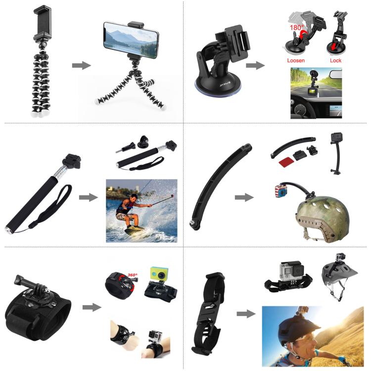 Kits combinados de accesorios PULUZ 50 en 1 con estuche de EVA (correa para el pecho + soporte con ventosa + brazos pivotantes de 3 vías + hebilla con gancho en J + correa para la muñeca + correa para el casco + monopie extensible + soportes de superfi...
