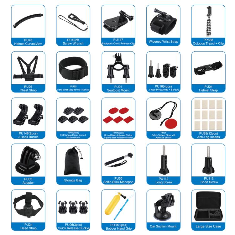 Kits combinados de accesorios PULUZ 50 en 1 con estuche de EVA (correa para el pecho + soporte con ventosa + brazos pivotantes de 3 vías + hebilla con gancho en J + correa para la muñeca + correa para el casco + monopie extensible + soportes de superfi...