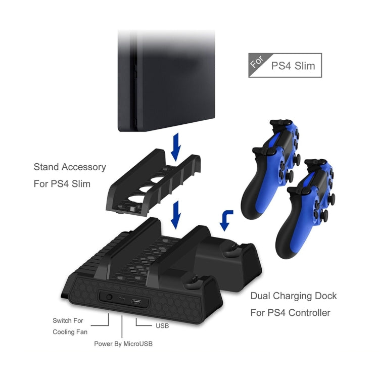 DOBE TP4-882 ventilador de refrigeración para consola de juegos 3 en 1 + ranuras de almacenamiento para juegos + base de carga para controlador de juegos para Sony PS4 / PS4 Pro / PS4 Slim, For PS4 / PS4 Pro / PS4 Slim