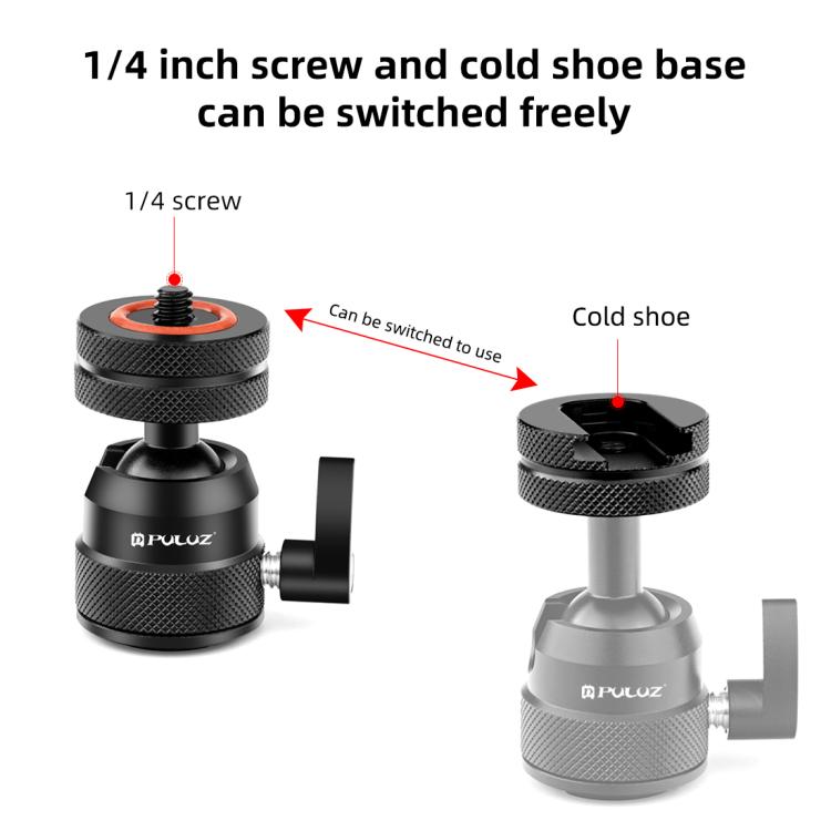Adaptador de montaje para trípode con rótula mini multifuncional de aleación de aluminio PULUZ, zapata fría y tornillo de 1/4" de doble uso., Dual-Use Ball Head Tripod