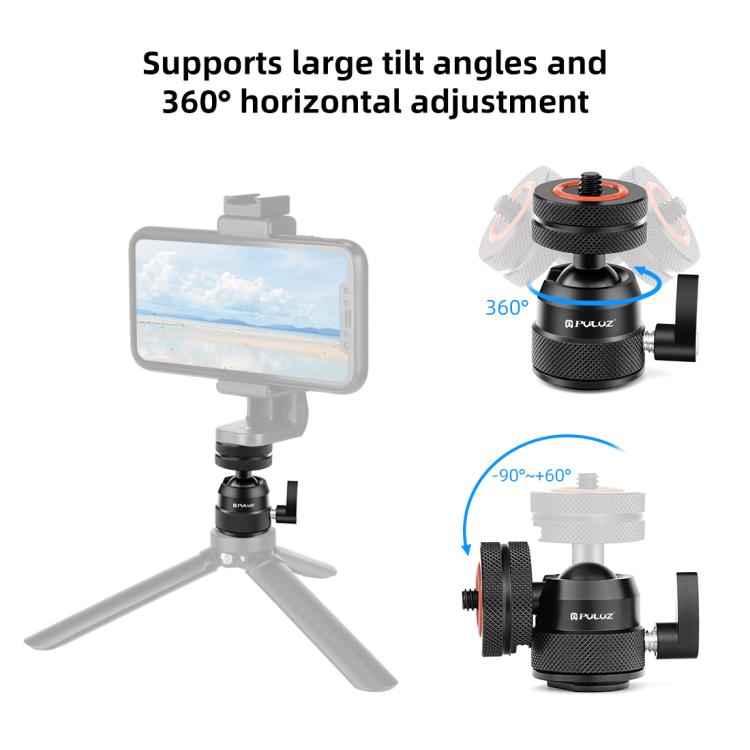Adaptador de montaje para trípode con rótula mini multifuncional de aleación de aluminio PULUZ, zapata fría y tornillo de 1/4" de doble uso., Dual-Use Ball Head Tripod