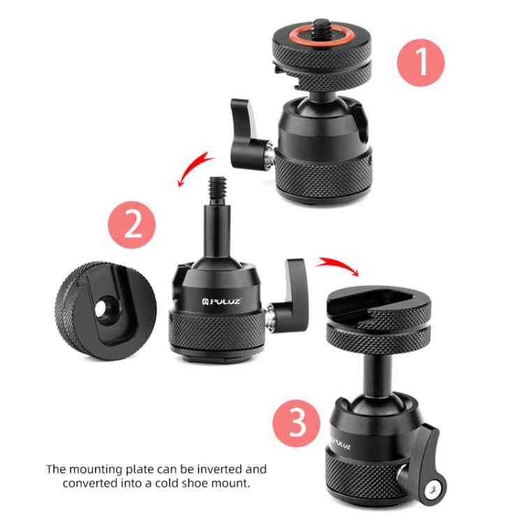 Adaptador de montaje para trípode con rótula mini multifuncional de aleación de aluminio PULUZ, zapata fría y tornillo de 1/4" de doble uso., Dual-Use Ball Head Tripod