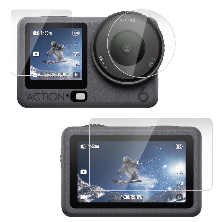 Protector de pantalla de cristal templado para DJI Osmo Action 6 / 6 Pro PULUZ Lens + pantalla frontal y trasera, Tempered Glass Film