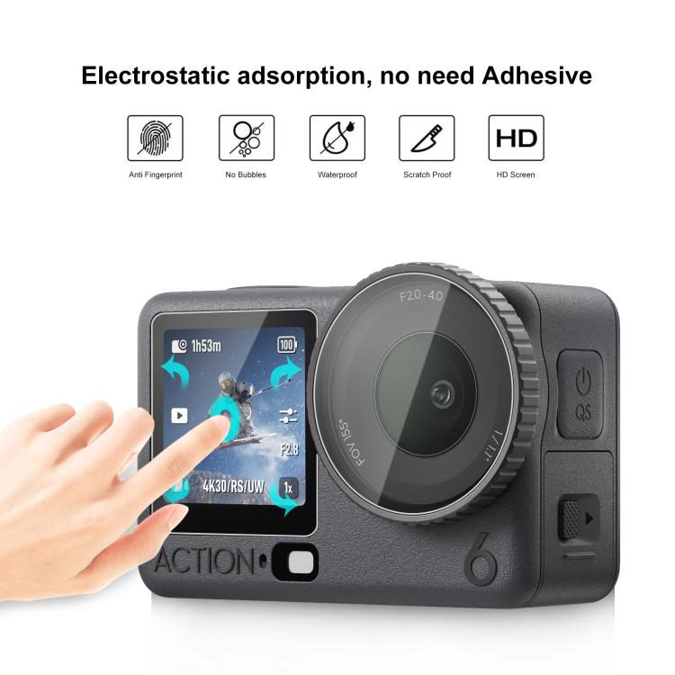 Protector de pantalla de cristal templado para DJI Osmo Action 6 / 6 Pro PULUZ Lens + pantalla frontal y trasera, Tempered Glass Film