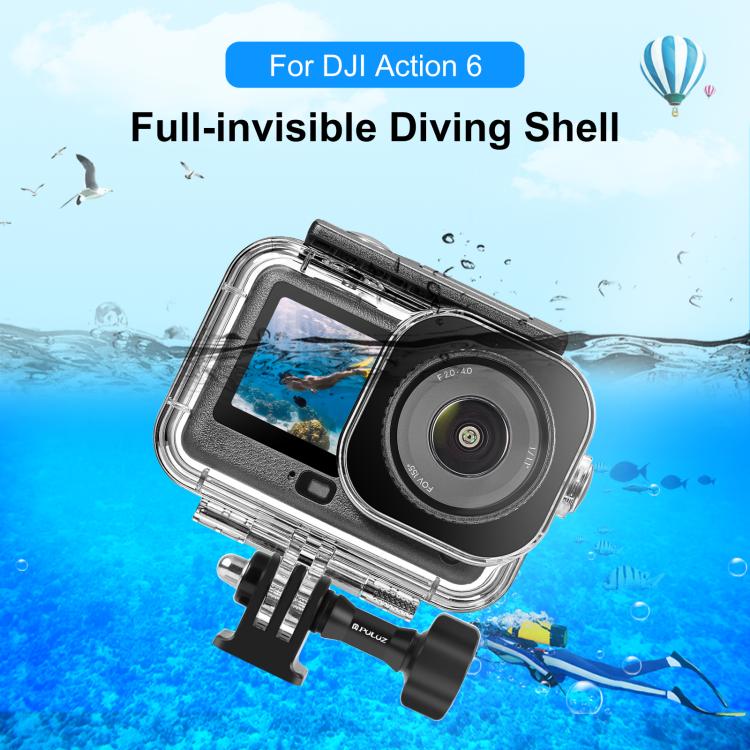 Carcasa sumergible impermeable PULUZ de 60 m / 196 pies para DJI Osmo Action 6 con adaptador invisible y tornillo largo., Waterproof Shell