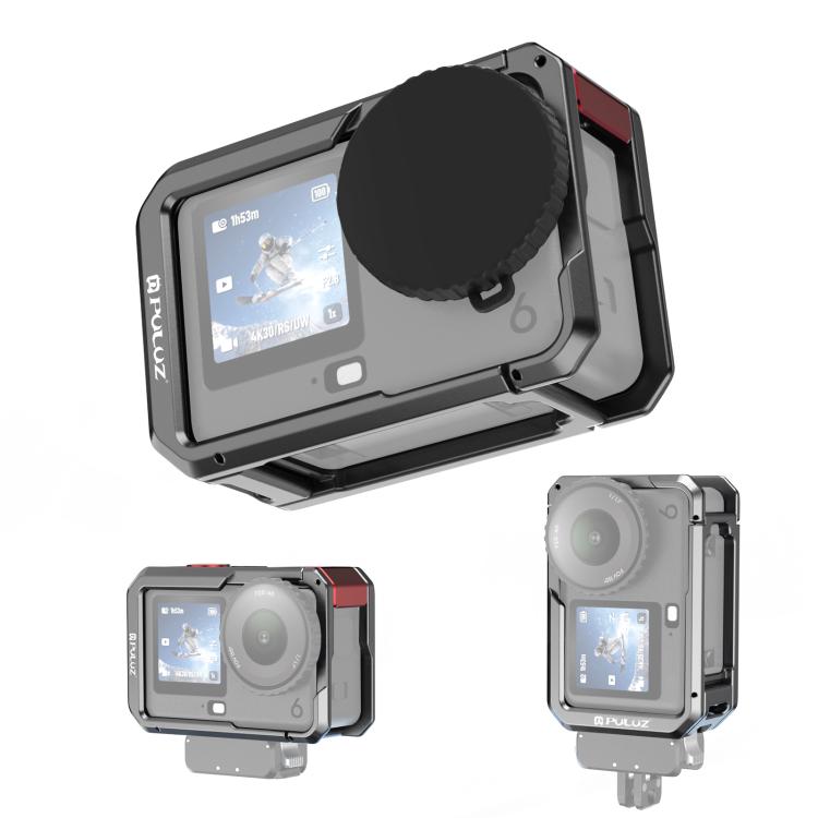 Jaula metálica de doble apertura PULUZ para DJI Osmo Action 6, marco expandible con tapa de lente de silicona., Dual-Opening Cage