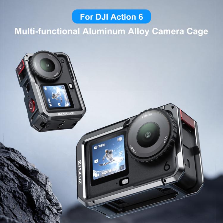 Jaula metálica de doble apertura PULUZ para DJI Osmo Action 6, marco expandible con tapa de lente de silicona., Dual-Opening Cage