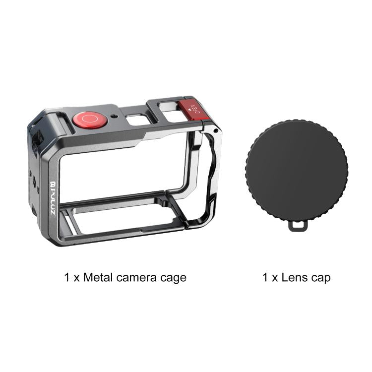 Jaula metálica de doble apertura PULUZ para DJI Osmo Action 6, marco expandible con tapa de lente de silicona., Dual-Opening Cage