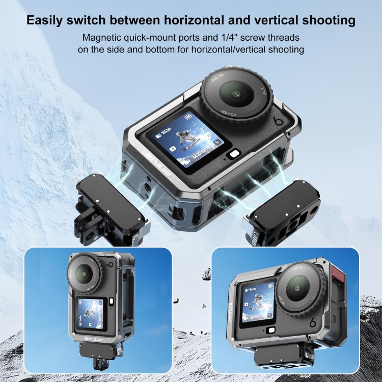 Jaula metálica de doble apertura PULUZ para DJI Osmo Action 6, marco expandible con tapa de lente de silicona., Dual-Opening Cage