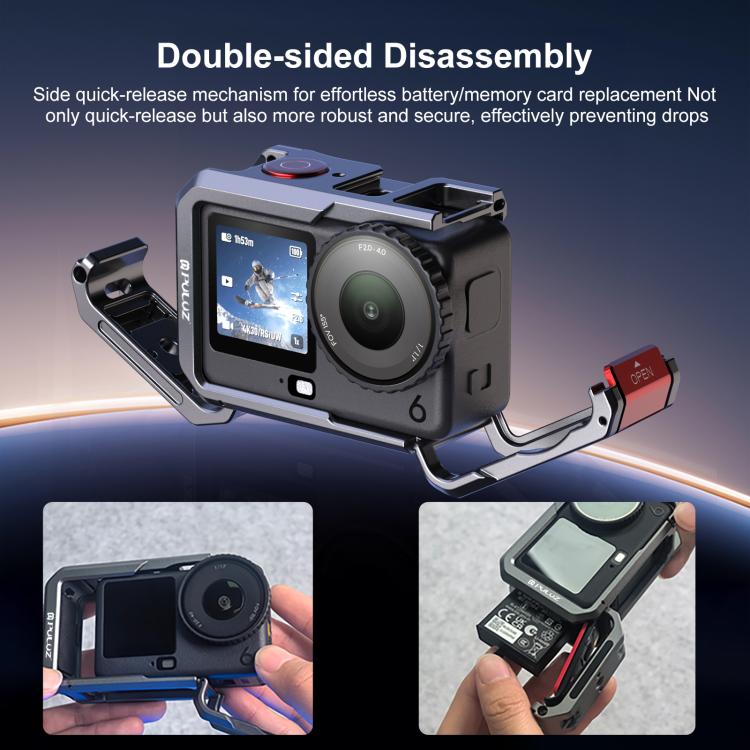 Jaula metálica de doble apertura PULUZ para DJI Osmo Action 6, marco expandible con tapa de lente de silicona., Dual-Opening Cage