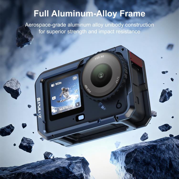 Jaula metálica de doble apertura PULUZ para DJI Osmo Action 6, marco expandible con tapa de lente de silicona., Dual-Opening Cage