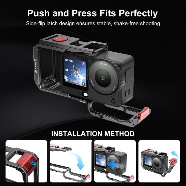 Jaula metálica de doble apertura PULUZ para DJI Osmo Action 6, marco expandible con tapa de lente de silicona., Dual-Opening Cage