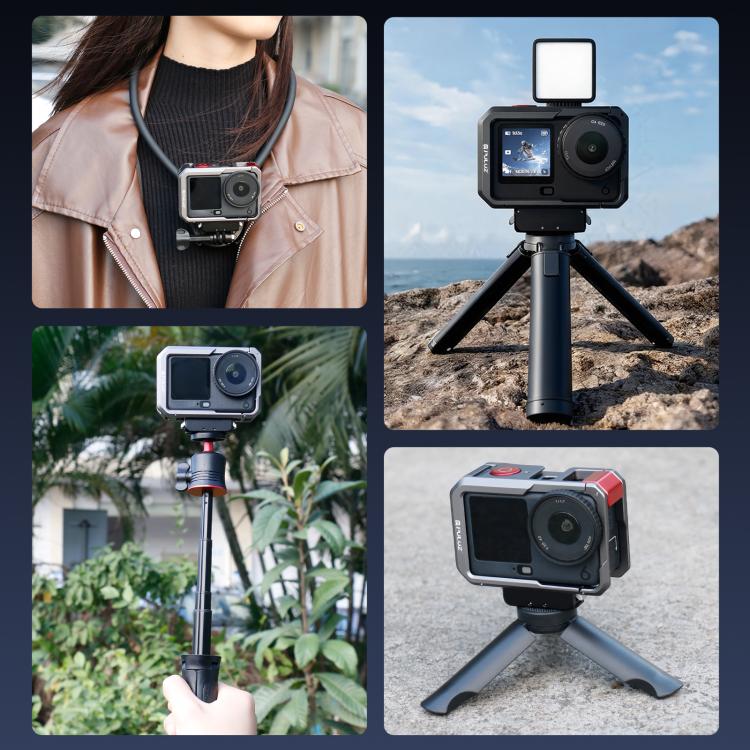 Jaula metálica de doble apertura PULUZ para DJI Osmo Action 6, marco expandible con tapa de lente de silicona., Dual-Opening Cage
