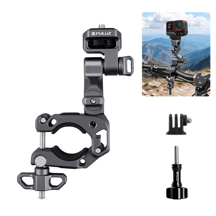 Soporte de aleación de aluminio para manillar de motocicletas y bicicletas con estabilizador de 3 vías profesional PULUZ para cámaras panorámicas y de acción., Handlebar Aluminium Alloy Mount