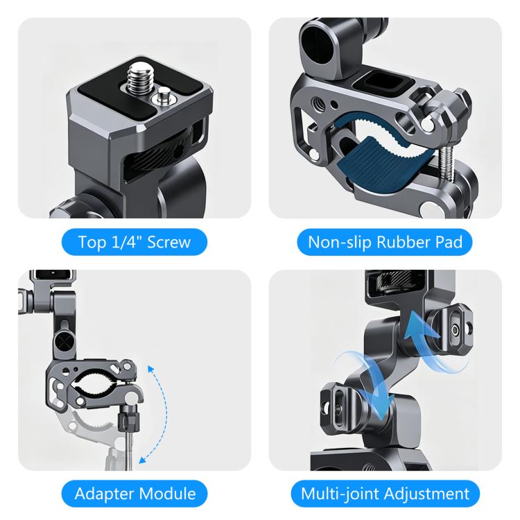 Soporte de aleación de aluminio para manillar de motocicletas y bicicletas con estabilizador de 3 vías profesional PULUZ para cámaras panorámicas y de acción., Handlebar Aluminium Alloy Mount