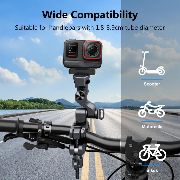 Soporte de aleación de aluminio para manillar de motocicletas y bicicletas con estabilizador de 3 vías profesional PULUZ para cámaras panorámicas y de acción., Handlebar Aluminium Alloy Mount