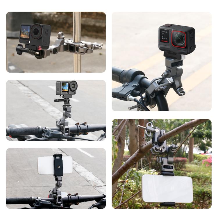 Soporte de aleación de aluminio para manillar de motocicletas y bicicletas con estabilizador de 3 vías profesional PULUZ para cámaras panorámicas y de acción., Handlebar Aluminium Alloy Mount