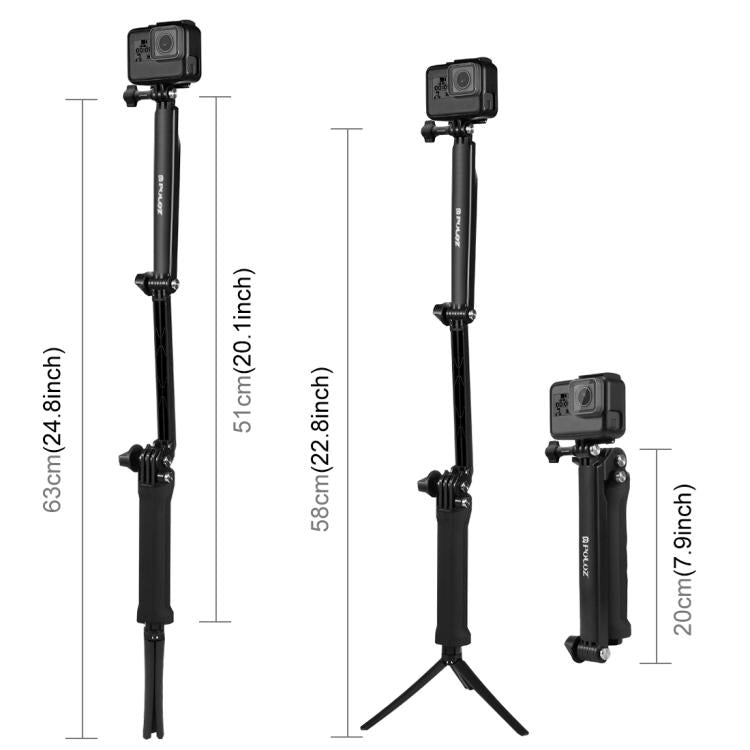 Monopié de extensión con palo selfie y trípode plegable con agarre de 3 vías PULUZ para GoPro, Insta360 ONE R, DJI Osmo Action y otras cámaras de acción, longitud: 20-58 cm, Length: 20-58cm, Length: 20-58cm(AE)