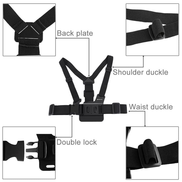 PULUZ Correa de pecho ajustable para montaje en el cuerpo con soporte de gancho en J y tornillo largo para GoPro Hero11 Black / HERO10 Black / HERO9 Black / HERO8 Black / HERO7 /6/5/5 Session /4 Session /4/3+ /3/2/1, Insta360 ONE R, DJI Osmo Action y o...