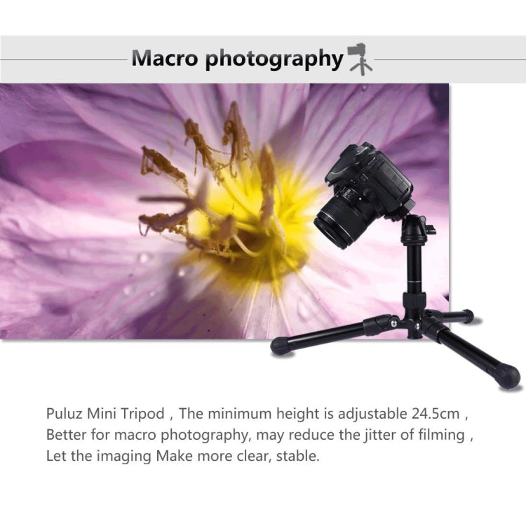 PULUZ Pocket Mini Microspur Photos Soporte para trípode de aleación de magnesio con rótula de bola de 360 grados para cámaras DSLR y digitales, altura ajustable: 24,5-57 cm, carga máxima: 3 kg, Microspur Tripod