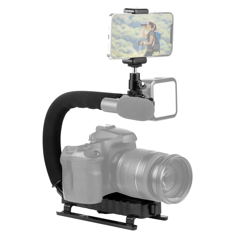 PULUZ Kit estabilizador de soporte DV portátil en forma de U/C con cabezal de trípode de zapata fría, abrazadera para teléfono, hebilla de liberación rápida y tornillo largo para todas las cámaras SLR y cámaras DV domésticas, C-Shaped Bracket Kits