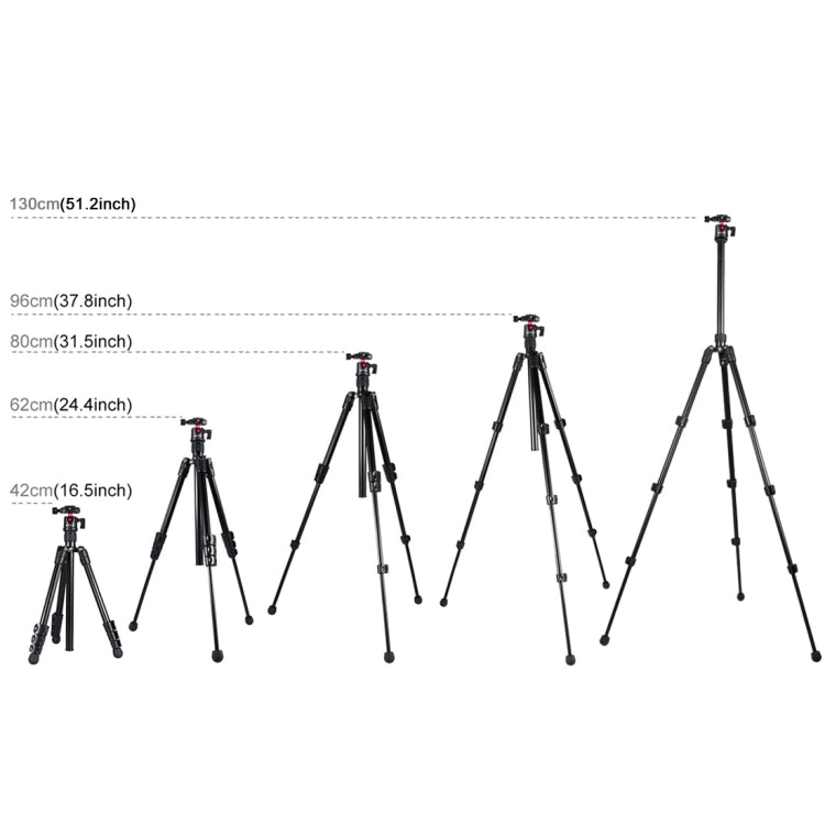 PULUZ Soporte de trípode de metal con patas plegables de 4 secciones con rótula de bola de 360 grados para cámara DSLR y digital, altura ajustable: 42-130 cm, Adjustable Height: 42-130cm